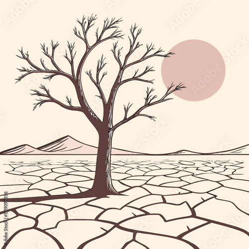  Lone Tree in Desert – Minimalist Drought Landscape