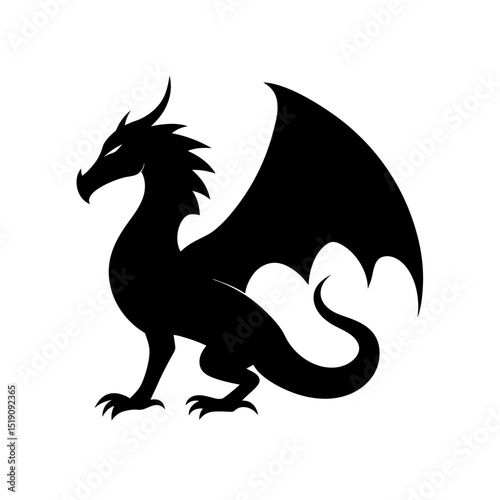 Mythical Black Dragon Outline Vector Graphic on White Space