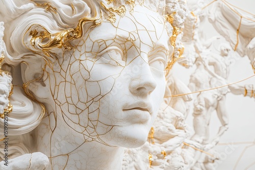 An intricate marble statue of the Greek goddess, adorned with gold accents, stands in an opulent white palace room filled with classical architecture and gilded statues.