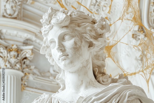 An intricate marble statue of the Greek goddess, adorned with gold accents, stands in an opulent white palace room filled with classical architecture and gilded statues.