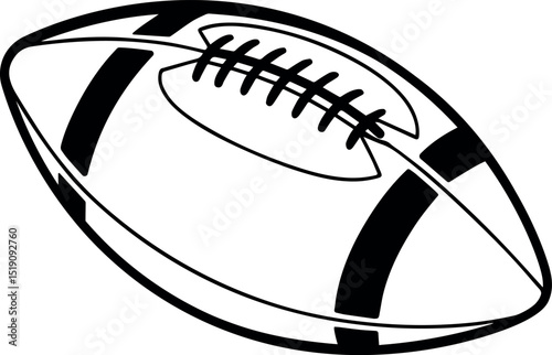 Clean bold vector drawing of an American football ball in black and white, featuring heavy contour lines, central stitching, and iconic oval shape for sports branding and apparel