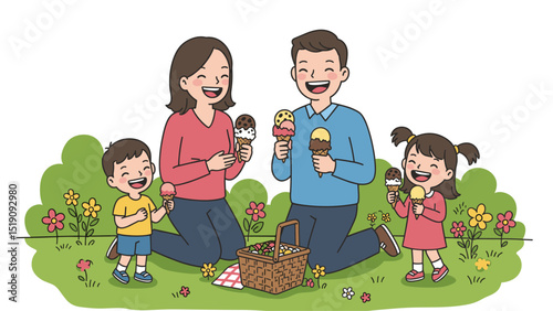 Happy Family Enjoying Ice Cream Picnic in Springtime