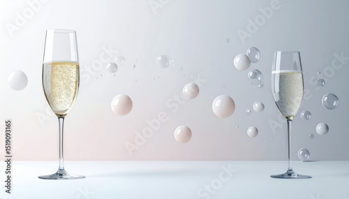 Two Champagne Glasses With Bubbles Ascending Against A White And Gradient Background Celebrating Luxury And Festivity