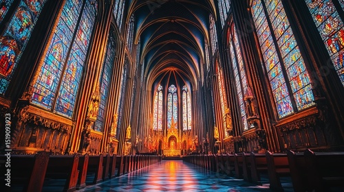 A Gothic cathedral with towering stained glass windows and intricate stone carvings 