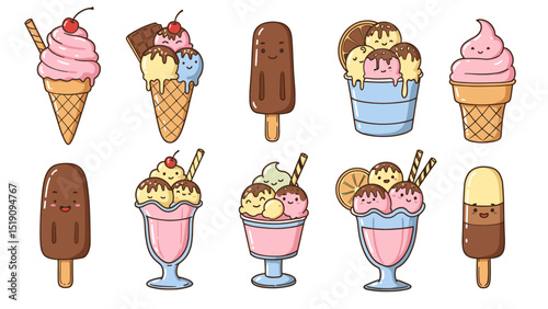 Adorable Kawaii Ice Cream Treats Collection:  Vector Illustration