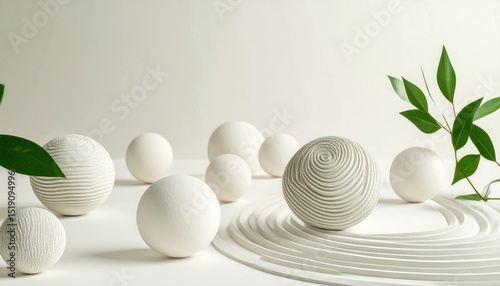 White Spheres and Geometric Circle Pattern with Green Foliage on a Cream Background
