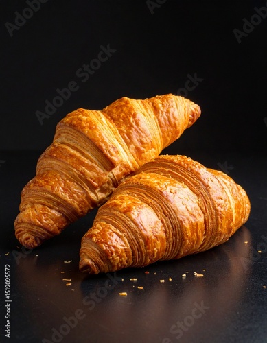 a classic croissant placed on a black surface. Pastry