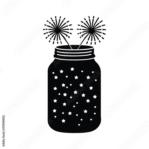 Mason jar with stars and fireworks silhouette