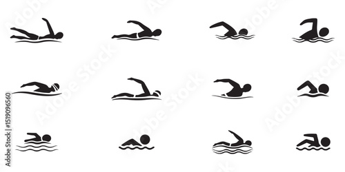 a collection of black silhouette icons depicting various swimming strokes vector art on white