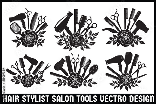 Hair Stylist Tools SVG Bundle | Floral Salon Scissors, Dryer & Comb Clipart
