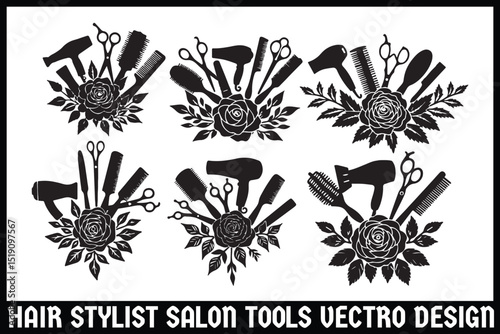 Hair Stylist Tools SVG Bundle | Floral Salon Scissors, Dryer & Comb Clipart

