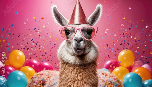 Joyous Llama Party Vibrant Celebration with Pink Sunglasses and Party Hat, Amidst a Festive Explosion of Confetti, in an Exuberant, Colorful Scene.