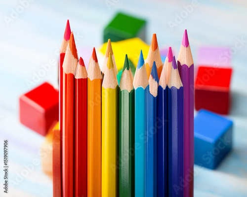 A vibrant row of isolated colored pencils on a white background, perfect for art, drawing, or school education