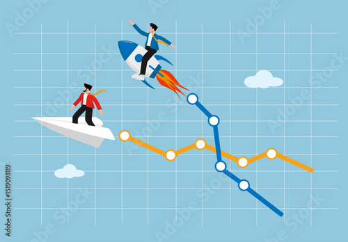 Businessman Flying with Rocket and Another on Paper Plane Over Business Graph Chart Representing Teamwork, Career Growth, and Financial Success Concept