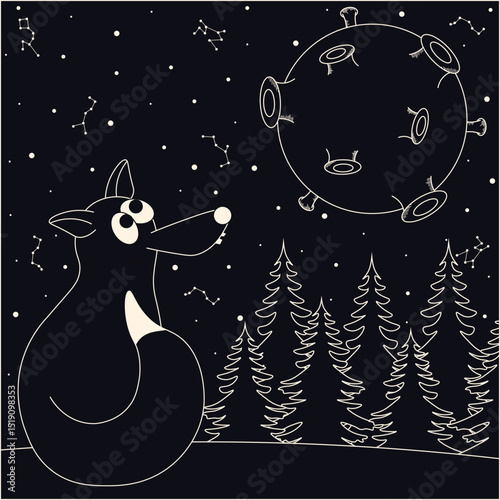Engraving art. Vector illustration of fantasy wildlife scene. Arctic fox in night forest moon and constellation stars. Woodcut poster for copybook cover t-shirt print. EPS 10