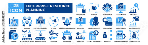 Enterprise resource planning icon collection set.Inventory Management, Order Processing, Customer Relationship, Accounting Dashboard, Financial Forecasting