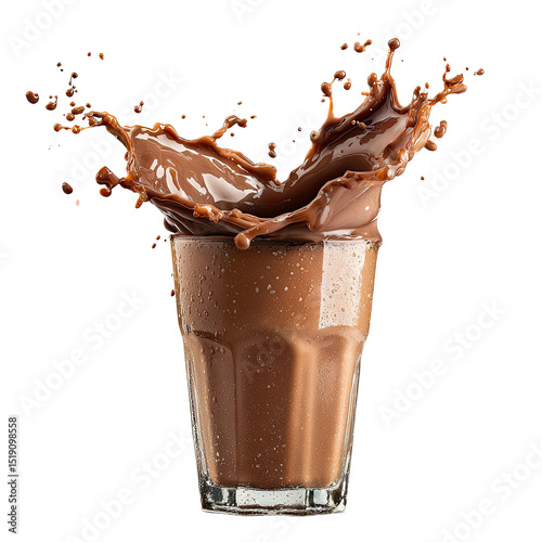 Chocolate Milk Splash in Glass with Water Droplets on Transparent Background glass chocolate