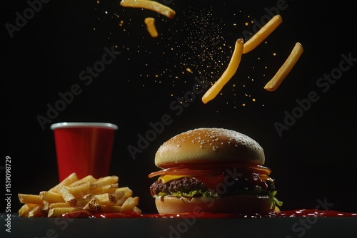 Fast food set slowly spinning, detailed burger, fries, ketchup cup, black background