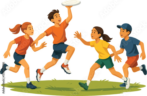 Vector illustration of children playing frisbee outdoors, full of energy, teamwork, and fun in a friendly competitive environment.