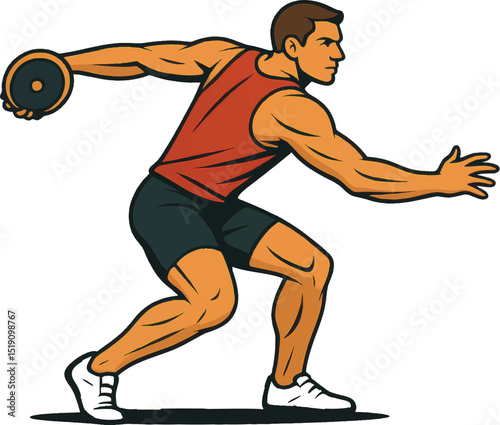 Vector illustration of a male athlete in dynamic pose throwing a discus, highlighting muscular structure, strength, and focus.