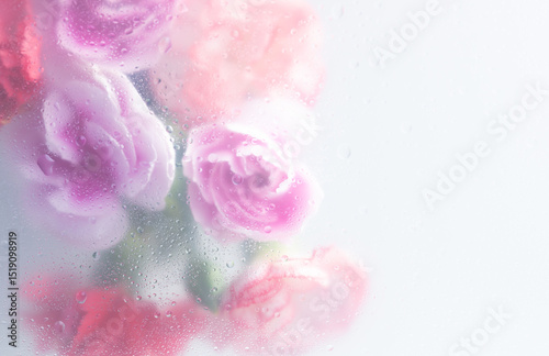 Bright beautiful bouquet of purple white and red flowers arrangement behind a white matte glass blurry with water drops,soft focus,DOF- depth of field