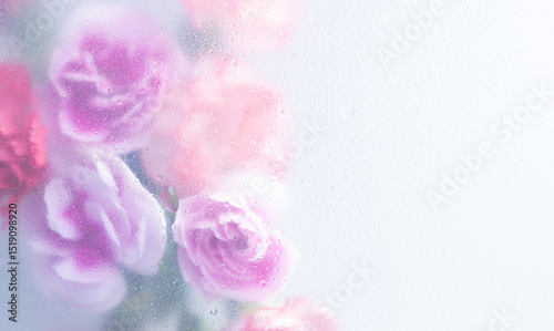 Bright beautiful bouquet of purple white and red flowers arrangement behind a white matte glass blurry with water drops,soft focus,DOF- depth of field