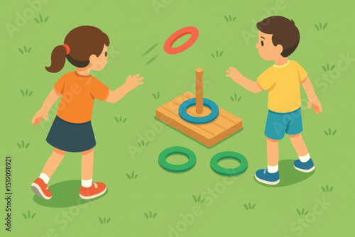 Vector image of two kids playing ring toss outside on grass, focused on aiming rings onto a wooden peg target.