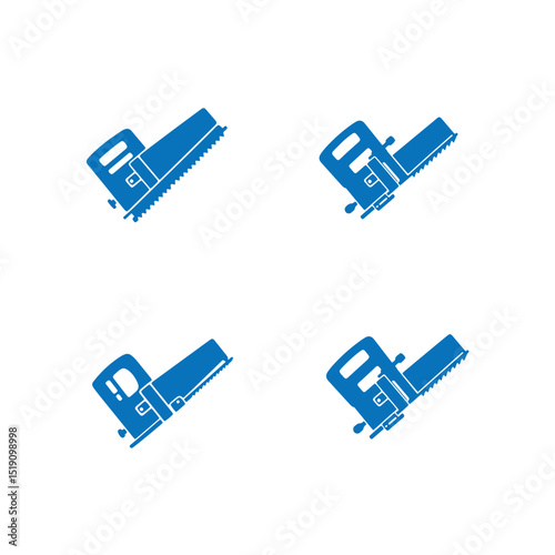 Blue vector illustrations of a hand saw in multiple angles and isolated on white background