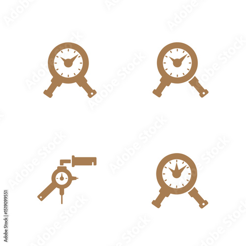 Collection of analog clock and engineering tool icons depicting time measurement and precision