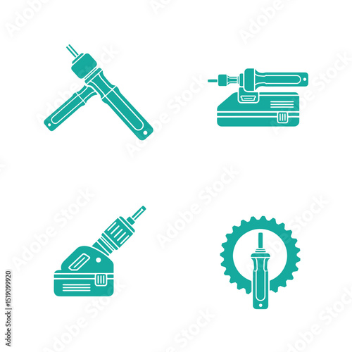 Collection of turquoise vector illustrations depicting various soldering tools and equipment
