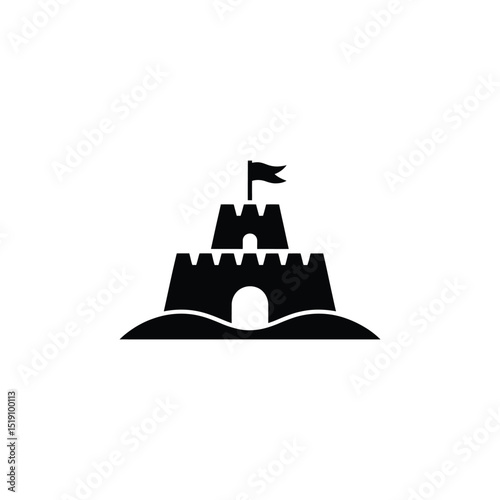 Black and White Sandcastle Icon with Flag Illustration Symbol