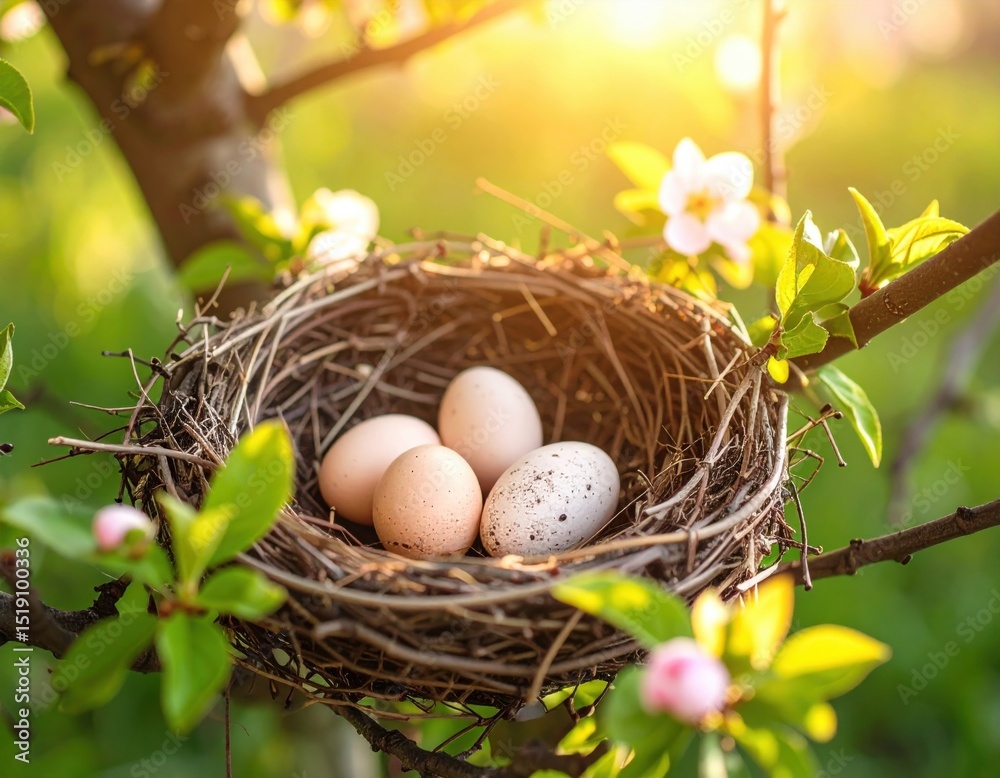 Fototapeta premium Bird nest with eggs on a tree