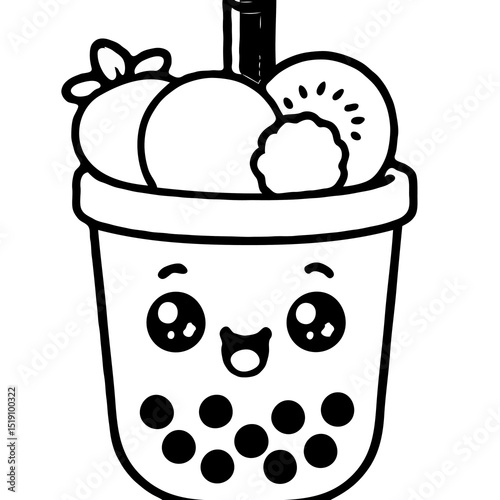 Cute Kawaii Bubble Tea or Fruit Smoothie - Drink Outline Illustration