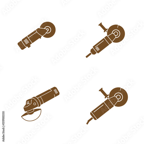 Four brown angle grinder silhouette illustrations on white background suitable for construction purposes