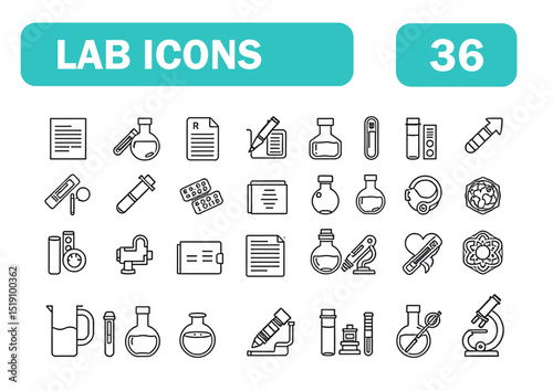 Set of 36 line icons related to lab report, laboratory, medical test, medical check, health checkup, beaker, microscope, science research, Editable stroke. Vector illustration .eps
