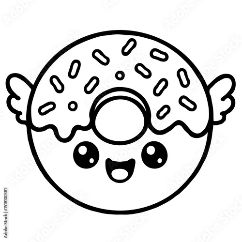 Cute Kawaii Donut with Sprinkles and Wings - Sweet Dessert Outline