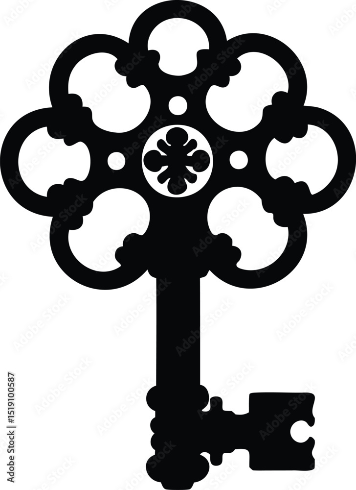 Obraz premium Ornate Black Key with Clover Design on the Head, Isolated on White