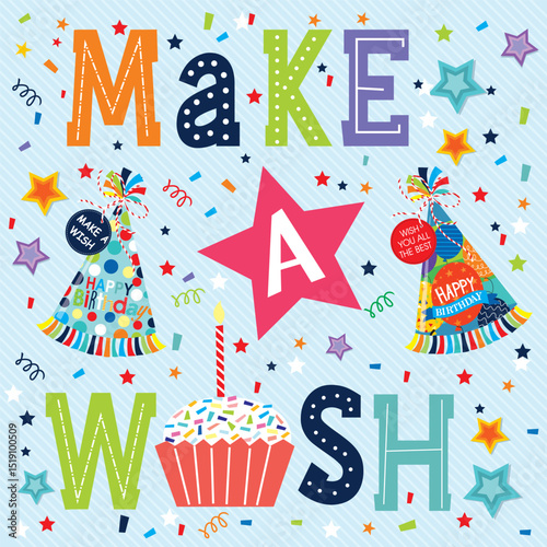 Birthday card with lettering, hat, cup cake and confetti