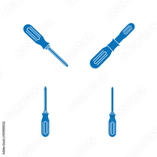 Four different blue screwdrivers isolated on white background for repair or construction