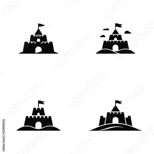 Black and White Sandcastle Icons, Different Styles, Beach Themed Silhouettes, With Flags and Clouds