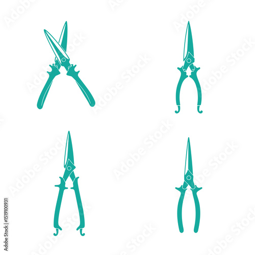 Illustration of various angles of a green pruning shear tool on a clean white background