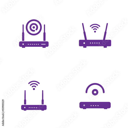 Purple wi-fi router icons illustrating wireless communication and internet connection signals