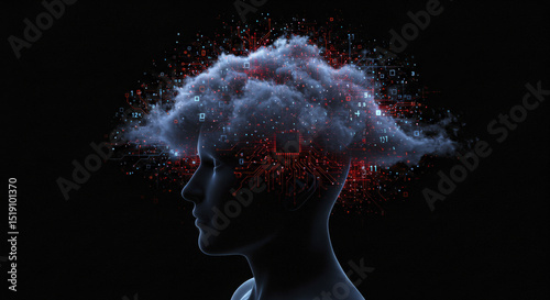 Head Silhouette with Red Circuitry Brain and Data Cloud, Side View