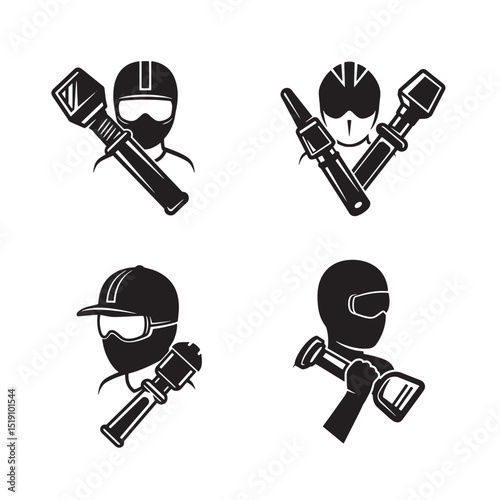 Set of black and white motorcyclist icons demonstrating motorcycle riding safety gear and tools