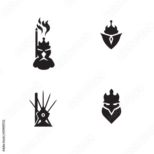 Set of four black and white abstract heraldic emblem or logo designs on white background