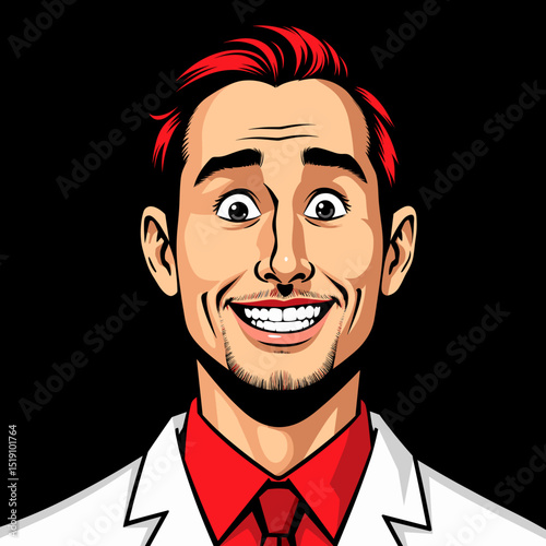 Smiling man in white suit against black background