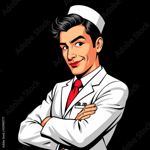 Confident doctor in white coat smiling against black background