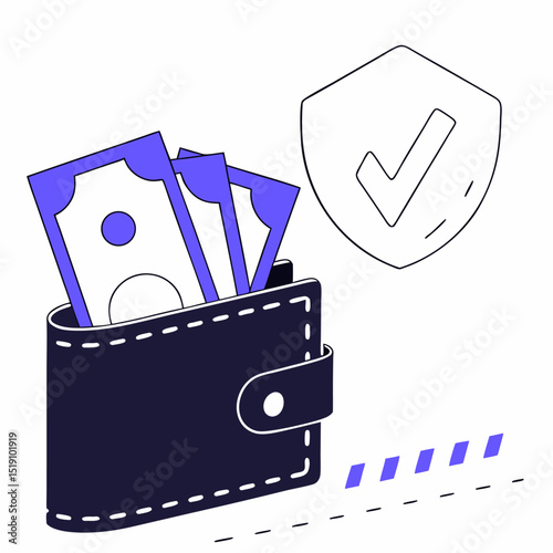 Wallet with money and a shield with a checkmark representing financial security and protection concept