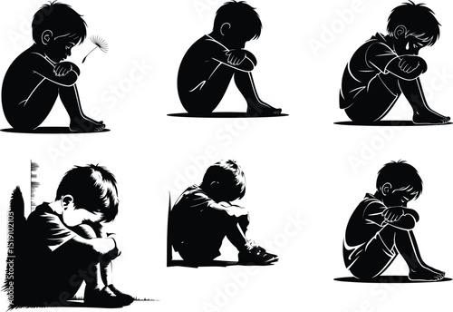 Boy Sitting Alone Silhouette Set – Emotional Sad Pose Collection Sad Boy Silhouette Vector – Lonely Sitting Pose Clipart