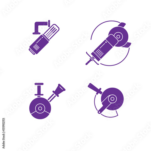 Set of purple line art icons depicting various construction and industrial tools